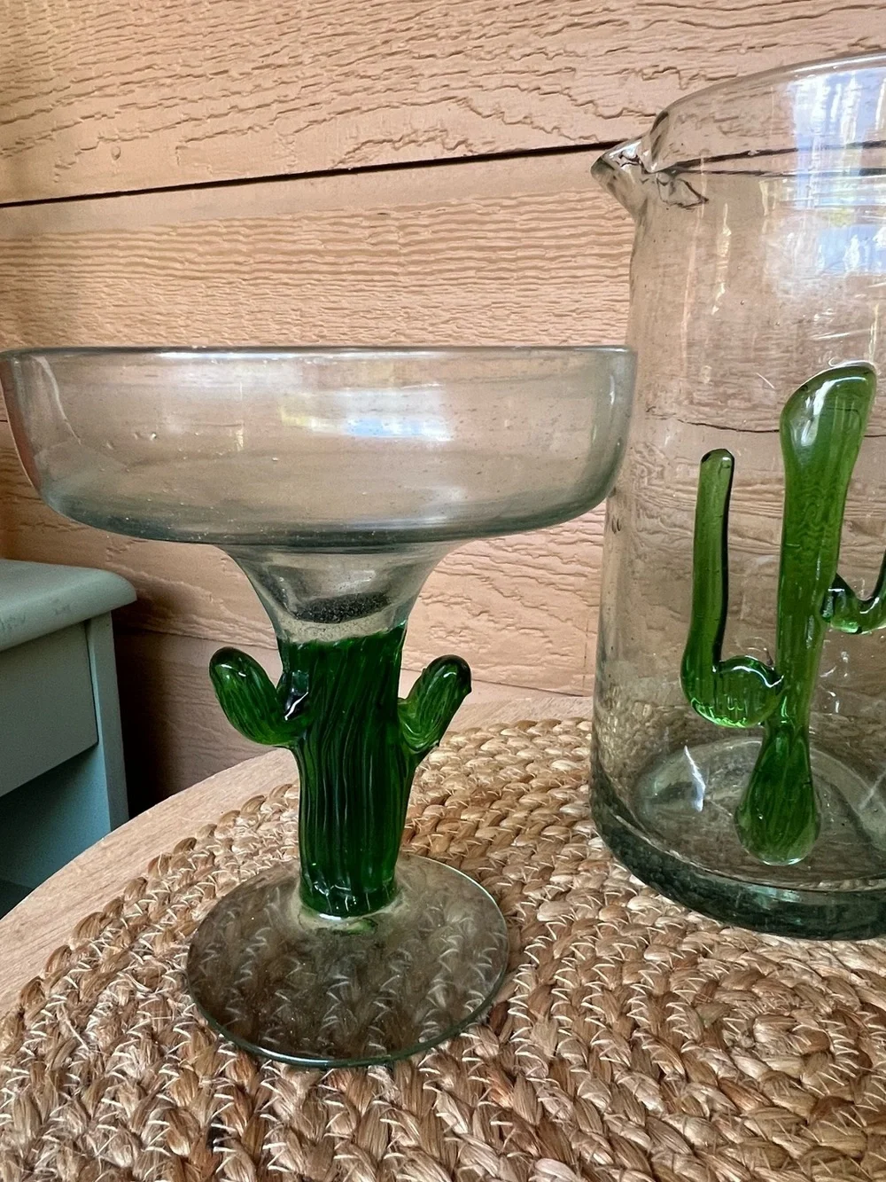 2 Mexican Handblown Green Cactus Margarita Glasses And 1 Beverage Pitcher